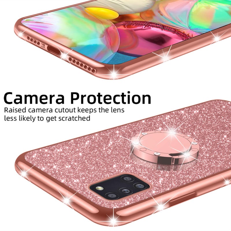 nancheng for Samsung Galaxy A31 Case Cute Girls Women Glitter TPU Phone Cover with Diamond Ring Stand & Strap Lanyard Shockproof Protection Case - Rose Gold - Image 4